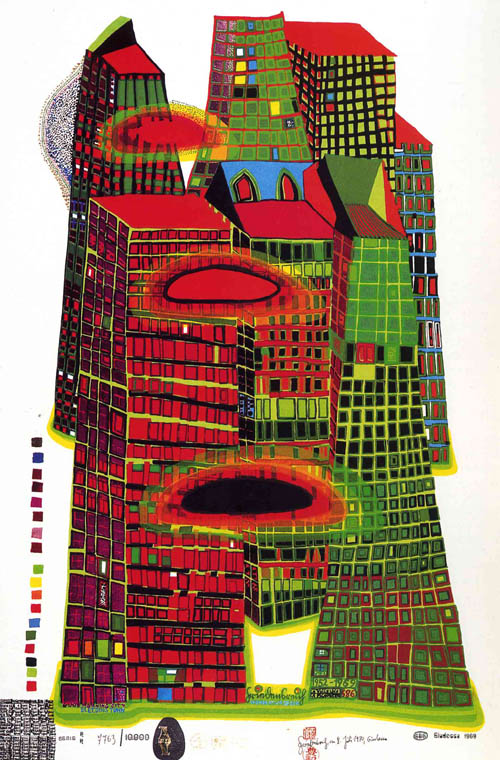 Hundertwasser - Good Morning City - Bleeding Town - series NN - 1969 color screenprint